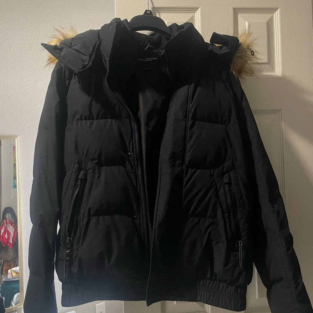 Andrew Marc Black Puffer Jacket with Fur Trim
